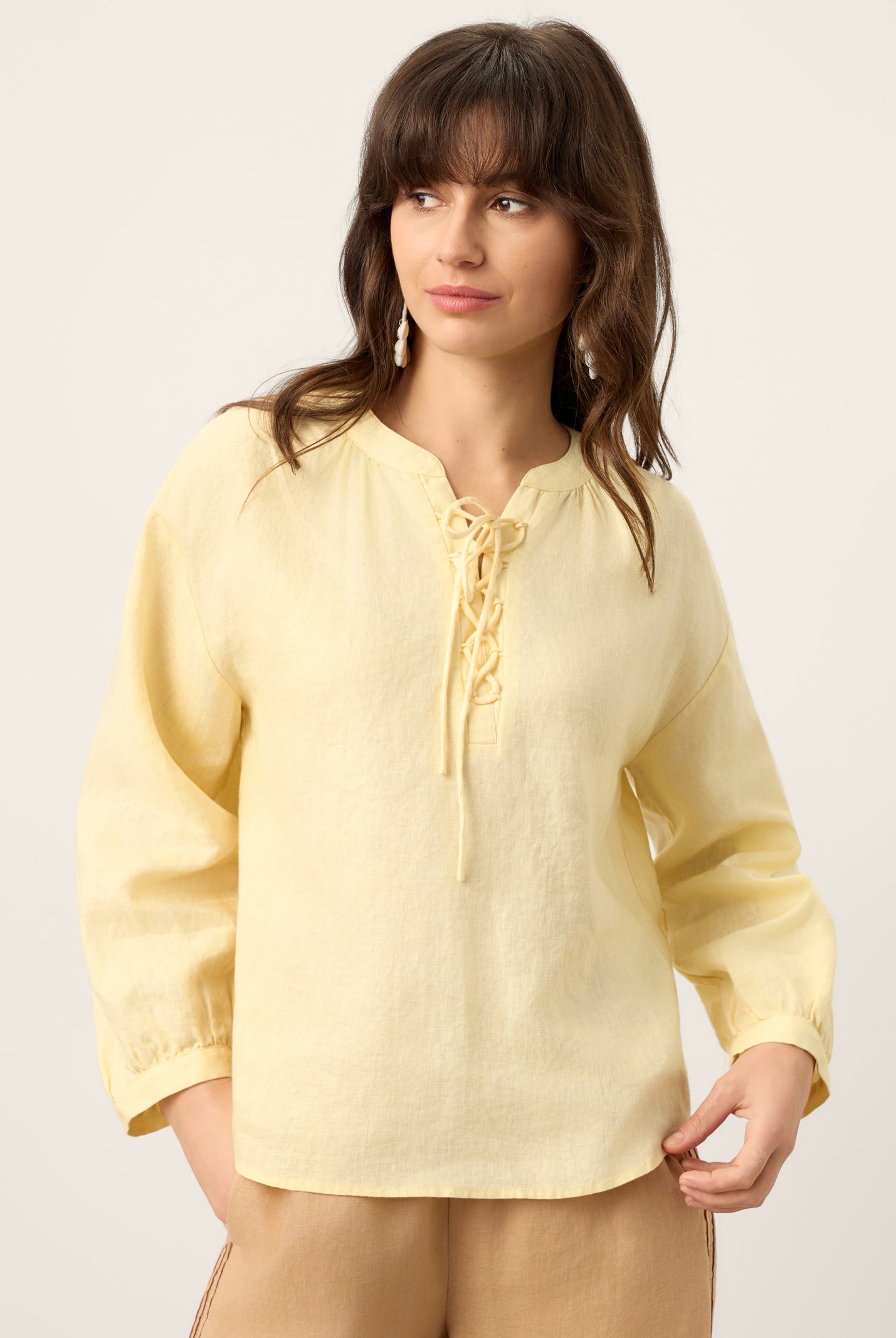 100% Linen Lace-Up Shirred Lantern Sleeve Blouse DOROTHEA by LINTICO for women