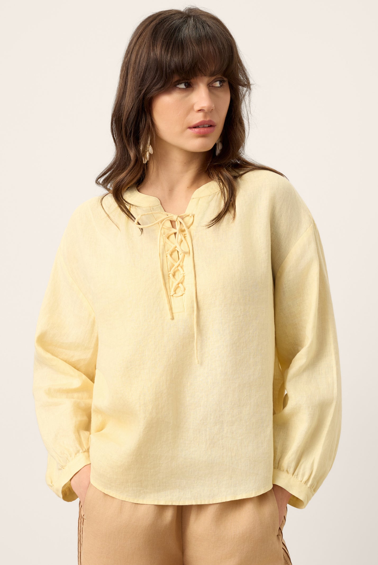 100% Linen Lace-Up Shirred Lantern Sleeve Blouse DOROTHEA by LINTICO for women