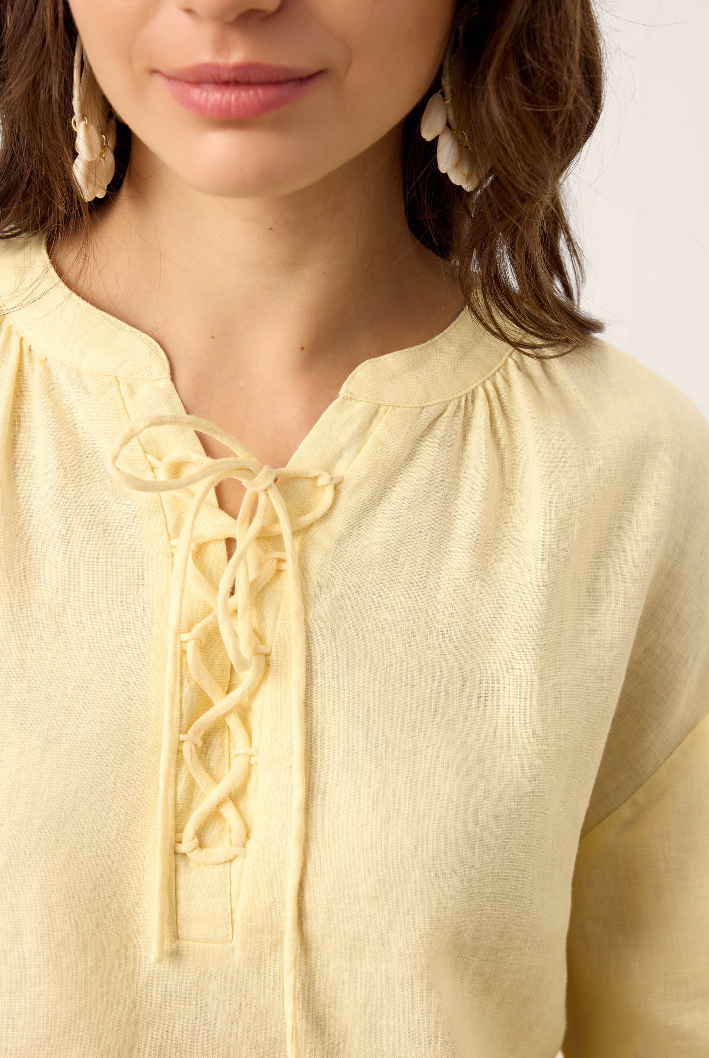 100% Linen Lace-Up Shirred Lantern Sleeve Blouse DOROTHEA by LINTICO for women