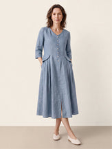 Blue 100% Linen Shell Button A Line Midi Dress ELIORA by LINTICO