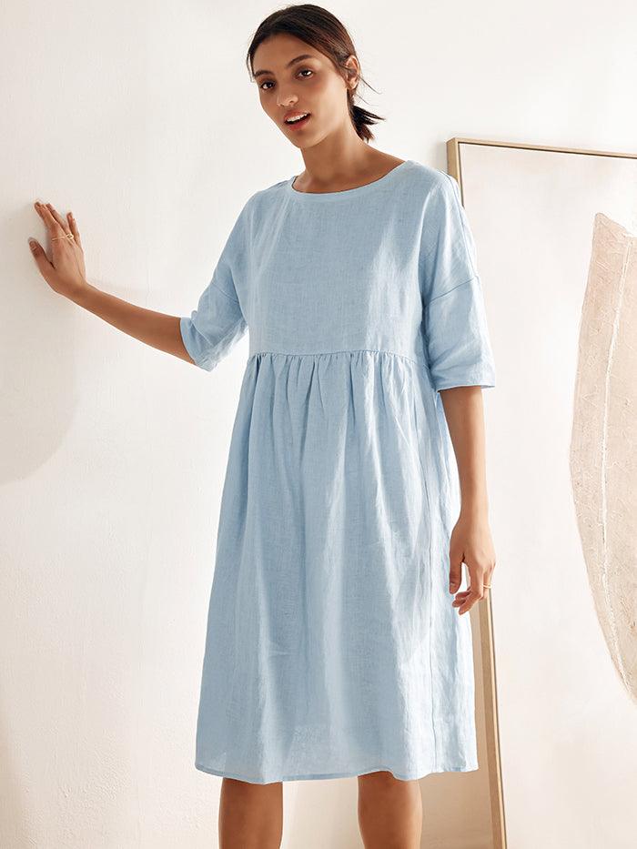 100% Linen Gingham Checked A-Line Washed Midi Dress - DRESSES-Linen