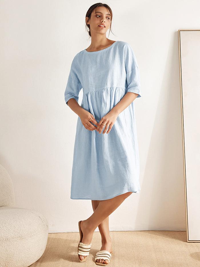 100% Linen Gingham Checked A-Line Washed Midi Dress - DRESSES-Linen