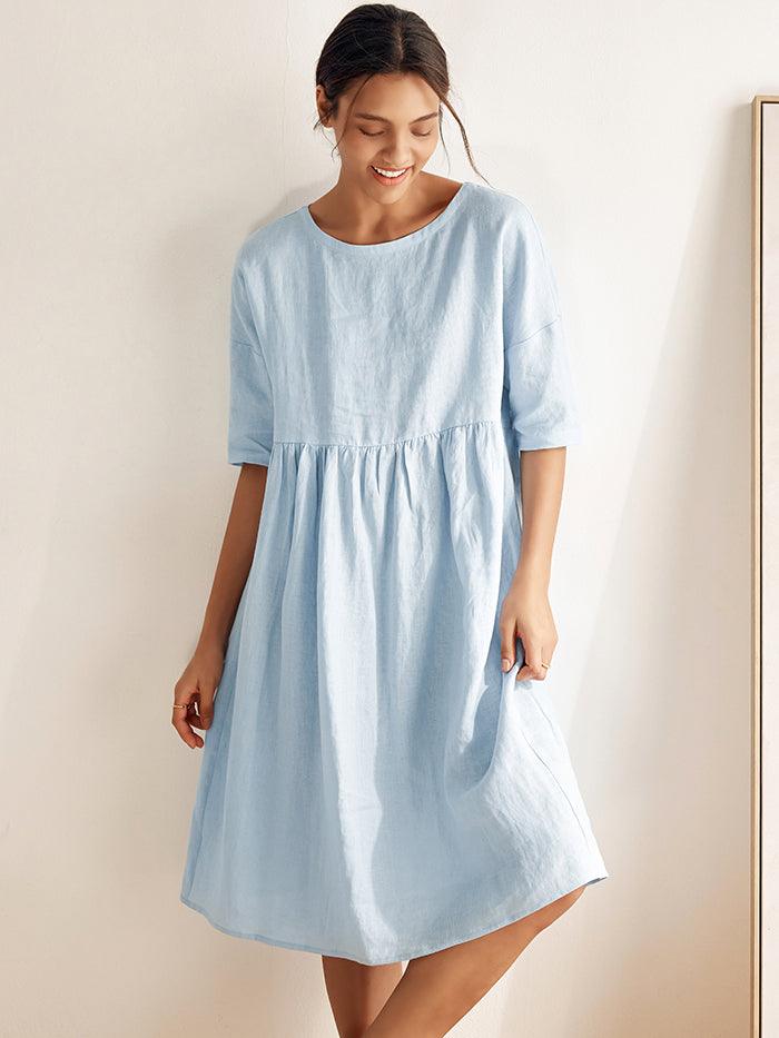 100% Linen Gingham Checked A-Line Washed Midi Dress - Baby Blue / S - DRESSES-Linen