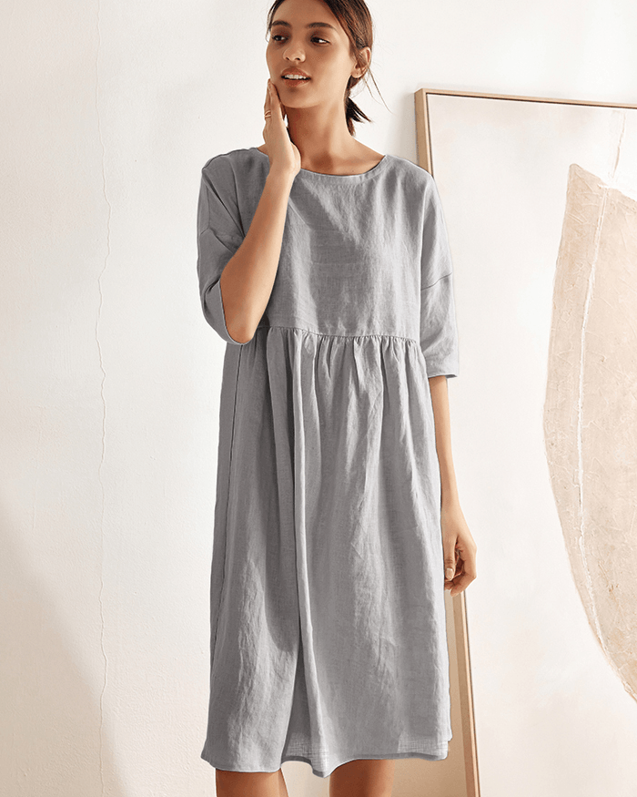 100% Linen A-Line Midi Dress VALENCIA - DRESSES-Linen