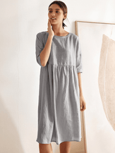 100% Linen A-Line Midi Dress VALENCIA - DRESSES-Linen