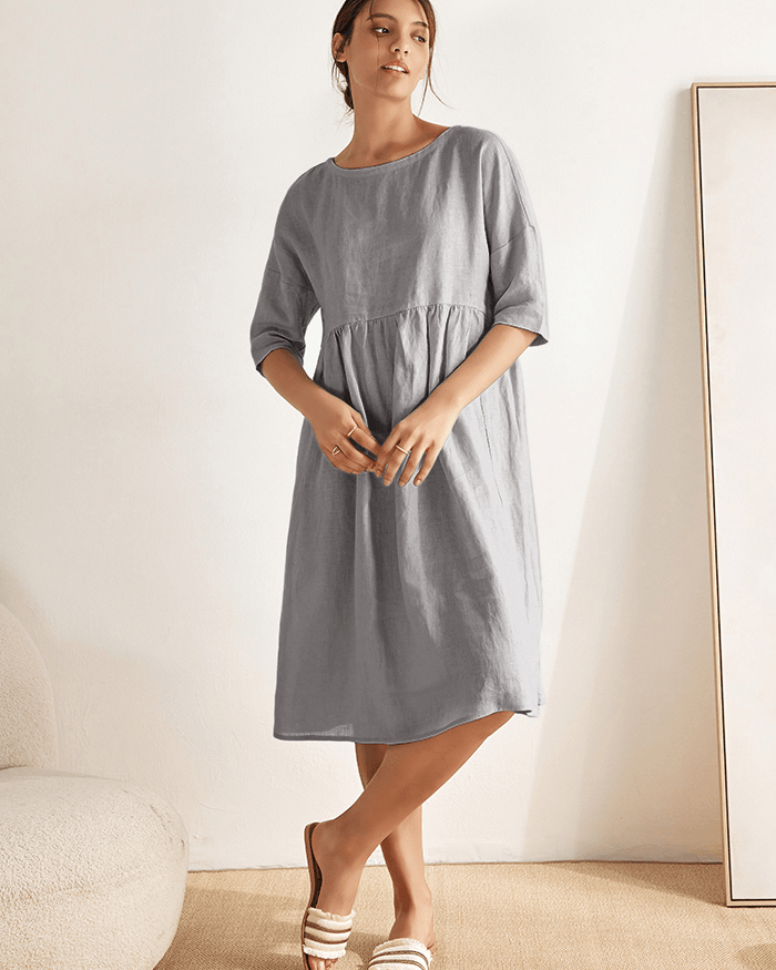 100% Linen A-Line Midi Dress VALENCIA - DRESSES-Linen