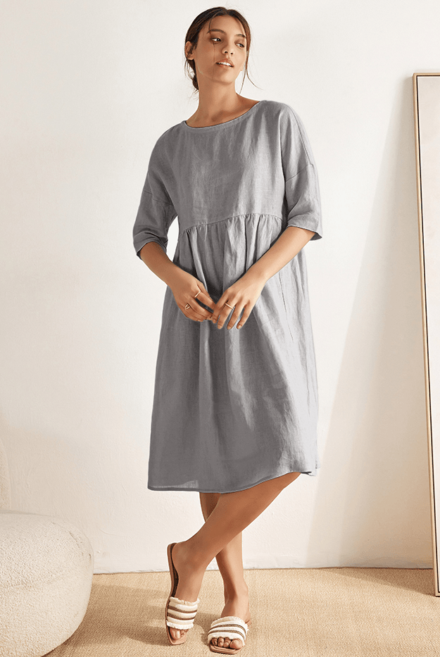100% Linen A-Line Midi Dress VALENCIA - DRESSES-Linen