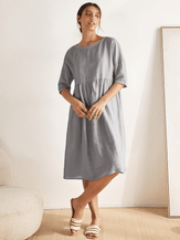 100% Linen Gingham Checked A-Line Washed Midi Dress - DRESSES-Linen