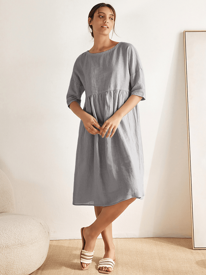 100% Linen Gingham Checked A-Line Washed Midi Dress - DRESSES-Linen