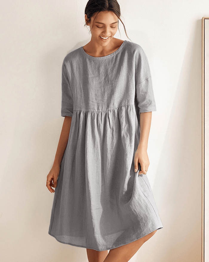 100% Linen A-Line Midi Dress VALENCIA - Neutral Grey / S - DRESSES-Linen