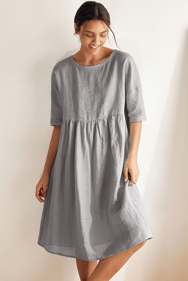 100% Linen A-Line Midi Dress VALENCIA - Neutral Grey / S - DRESSES-Linen