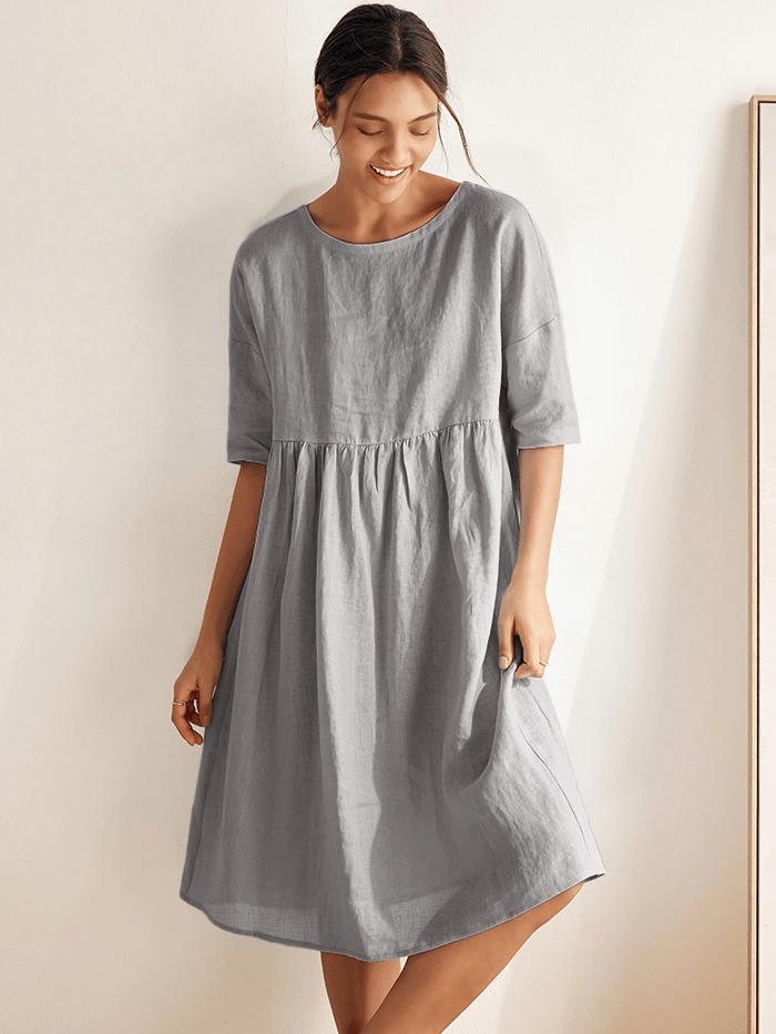 100% Linen A-Line Midi Dress VALENCIA - Neutral Grey / S - DRESSES-Linen