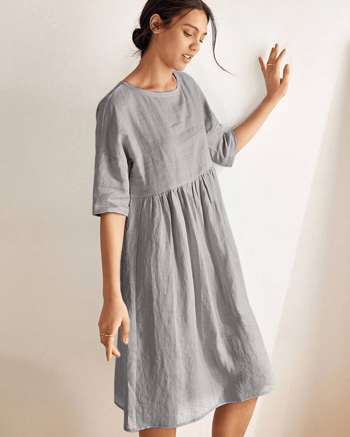 100% Linen A-Line Midi Dress VALENCIA - DRESSES-Linen