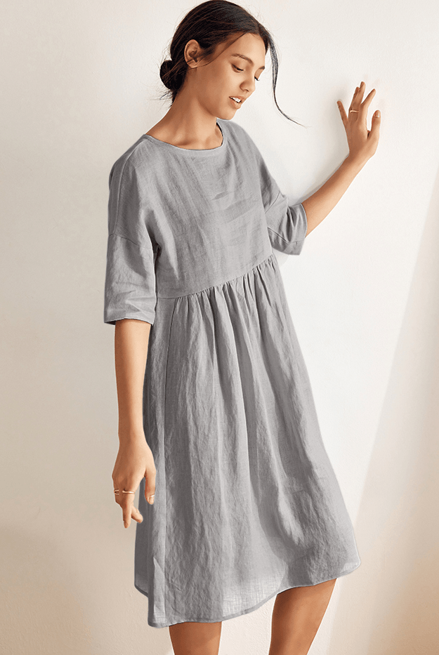 100% Linen A-Line Midi Dress VALENCIA - DRESSES-Linen