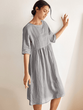 100% Linen Gingham Checked A-Line Washed Midi Dress - DRESSES-Linen