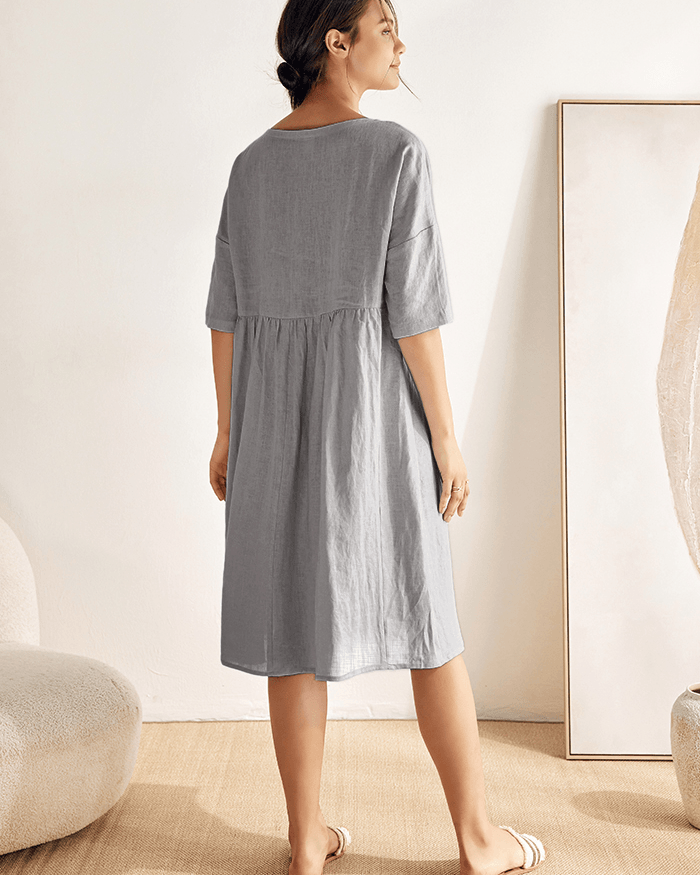 100% Linen A-Line Midi Dress VALENCIA - DRESSES-Linen
