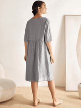 100% Linen Gingham Checked A-Line Washed Midi Dress - DRESSES-Linen