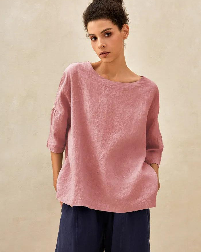 100% Linen Gingham Checked Boatneck 3/4 Length Sleeve Top - Coral Pink / S - TOPS-Linen Blouses