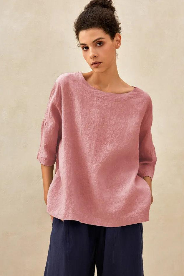 100% Linen Gingham Checked Boatneck 3/4 Length Sleeve Top - Coral Pink / S - TOPS-Linen Blouses