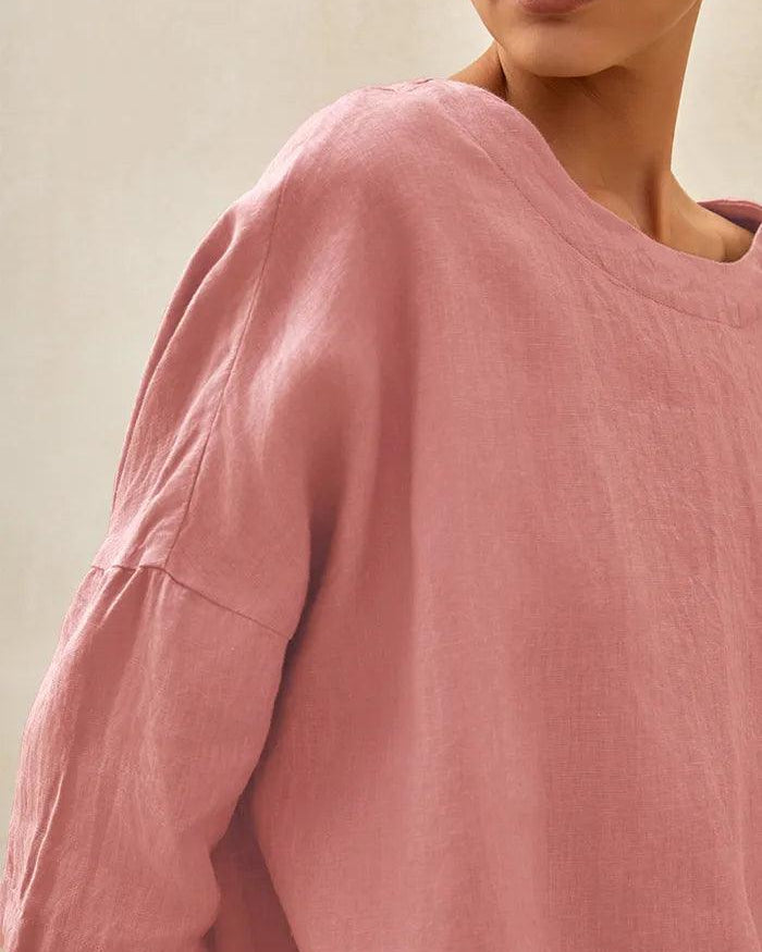 100% Linen Gingham Checked Boatneck 3/4 Length Sleeve Top - TOPS-Linen Blouses
