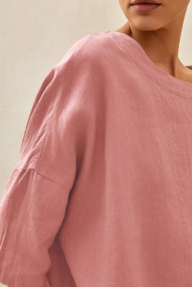 100% Linen Gingham Checked Boatneck 3/4 Length Sleeve Top - TOPS-Linen Blouses