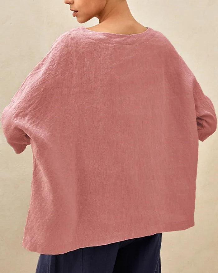 100% Linen Gingham Checked Boatneck 3/4 Length Sleeve Top - TOPS-Linen Blouses