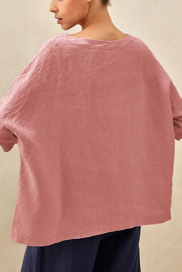 100% Linen Gingham Checked Boatneck 3/4 Length Sleeve Top - TOPS-Linen Blouses