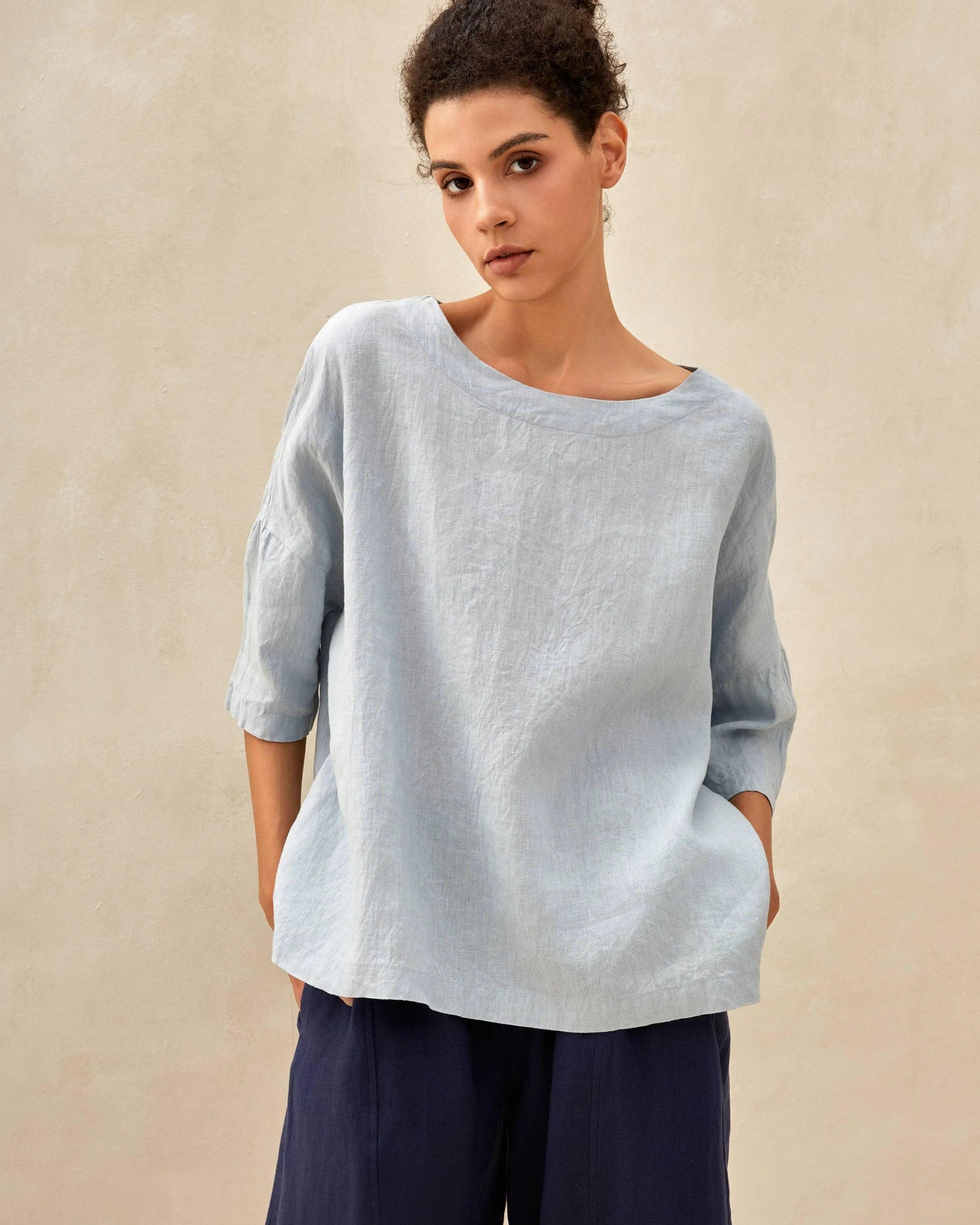 100% Linen Gingham Checked Boatneck 3/4 Length Sleeve Top - Ice Blue / S - TOPS-Linen Blouses