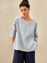 100% Linen Gingham Checked Boatneck 3/4 Length Sleeve Top - Ice Blue / S - TOPS-Linen Blouses