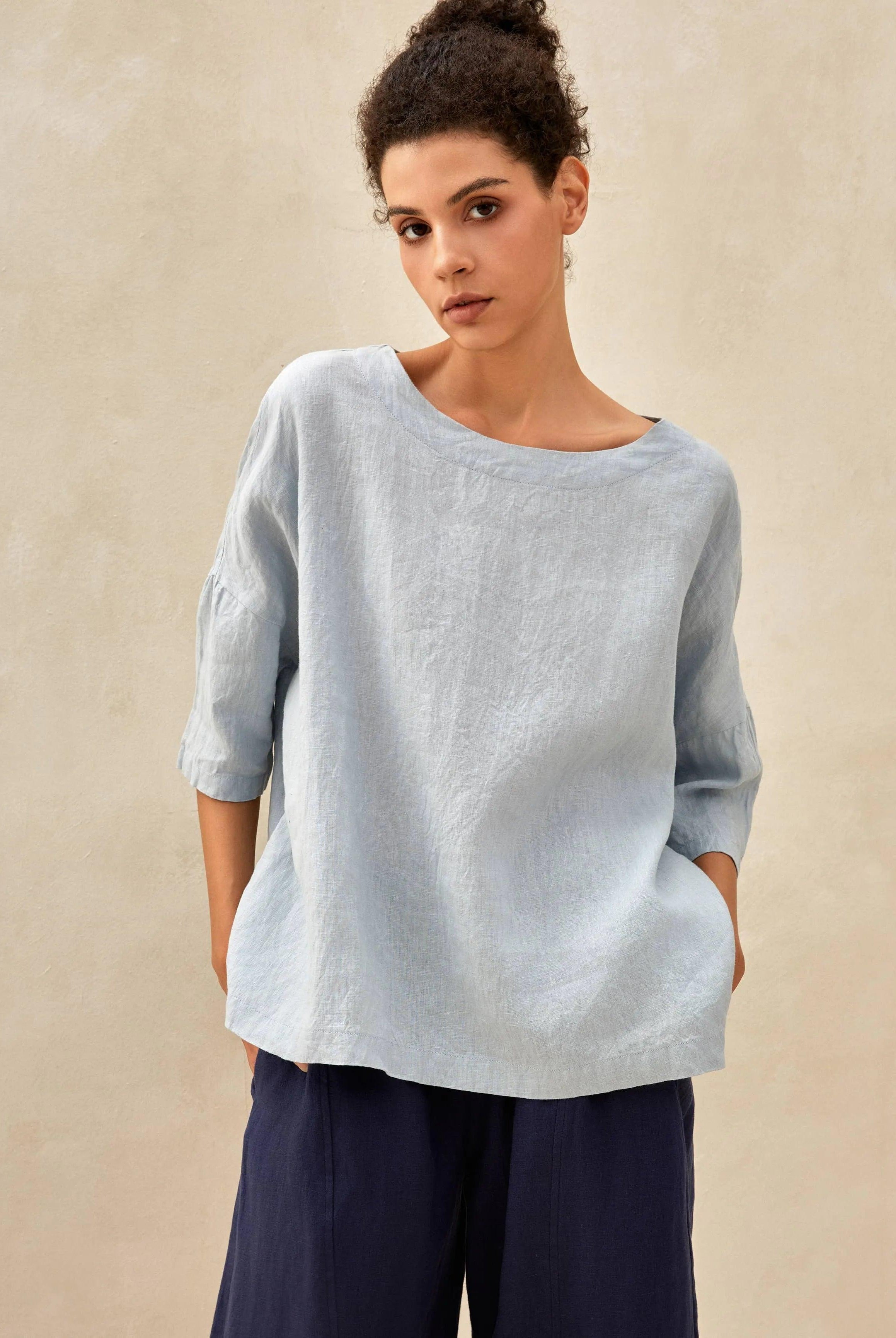 AURORA 100% Linen Boatneck 3/4 Length Sleeve Top - Ice Blue / S - TOPS-Linen Blouses