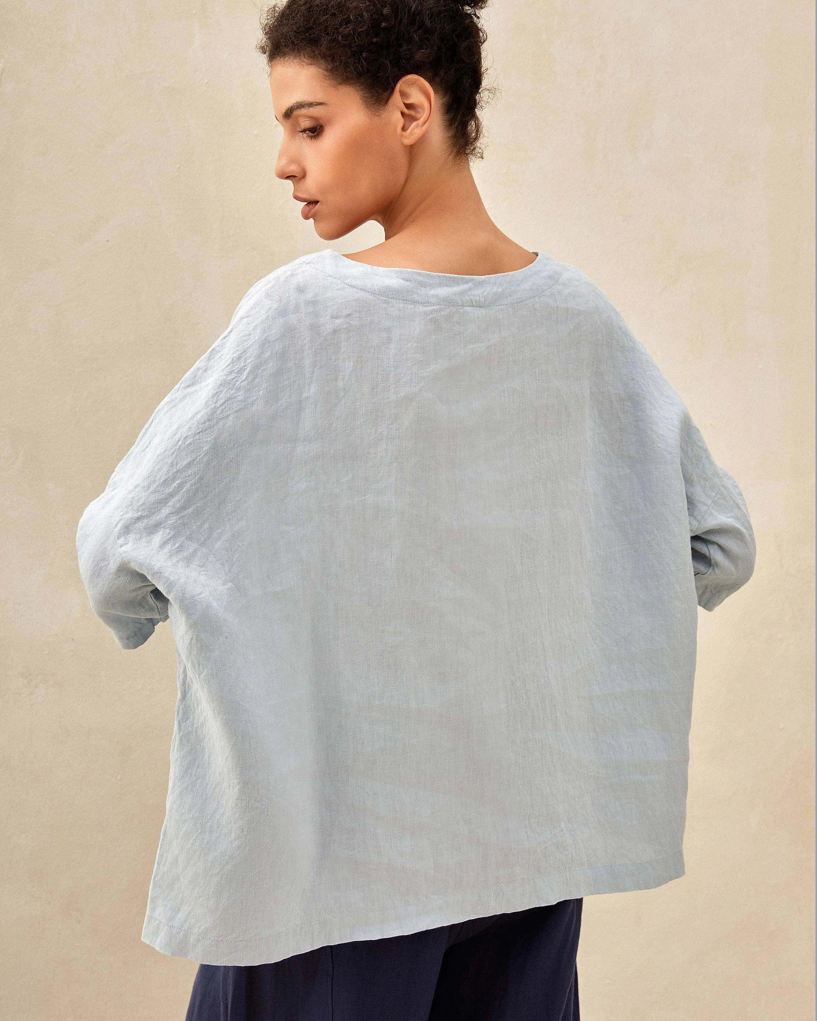 100% Linen Gingham Checked Boatneck 3/4 Length Sleeve Top - TOPS-Linen Blouses