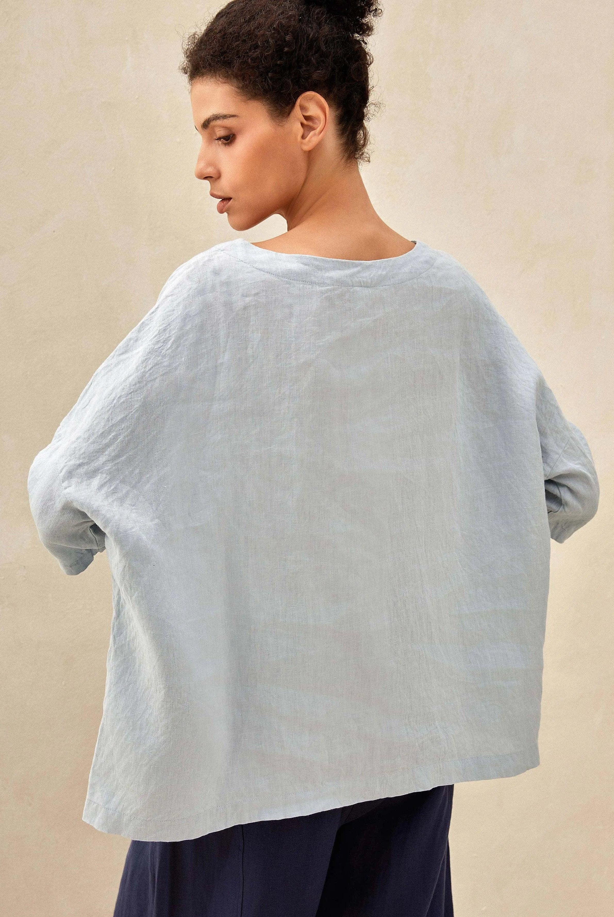100% Linen Gingham Checked Boatneck 3/4 Length Sleeve Top - TOPS-Linen Blouses