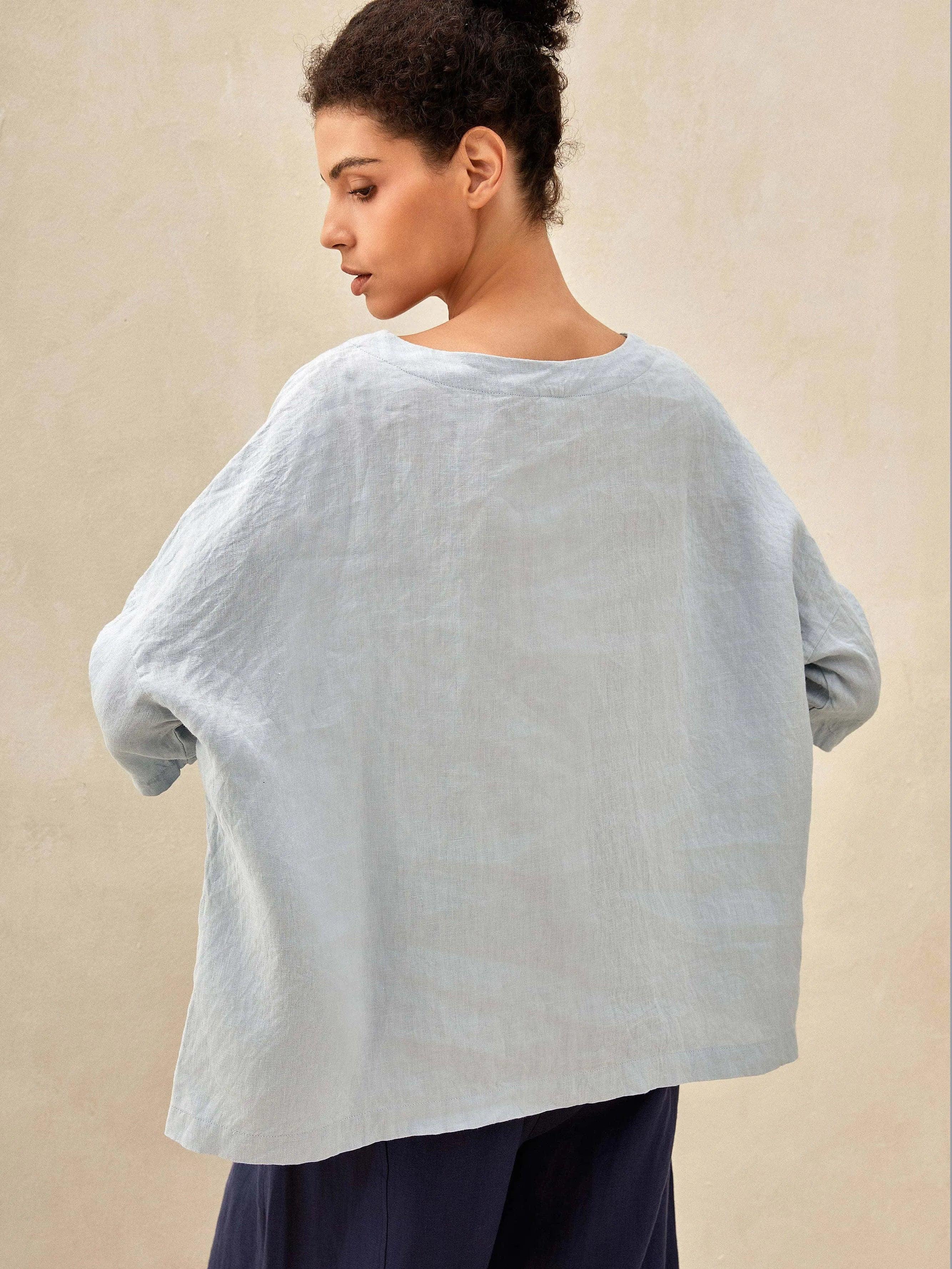 AURORA 100% Linen Boatneck 3/4 Length Sleeve Top - TOPS-Linen Blouses
