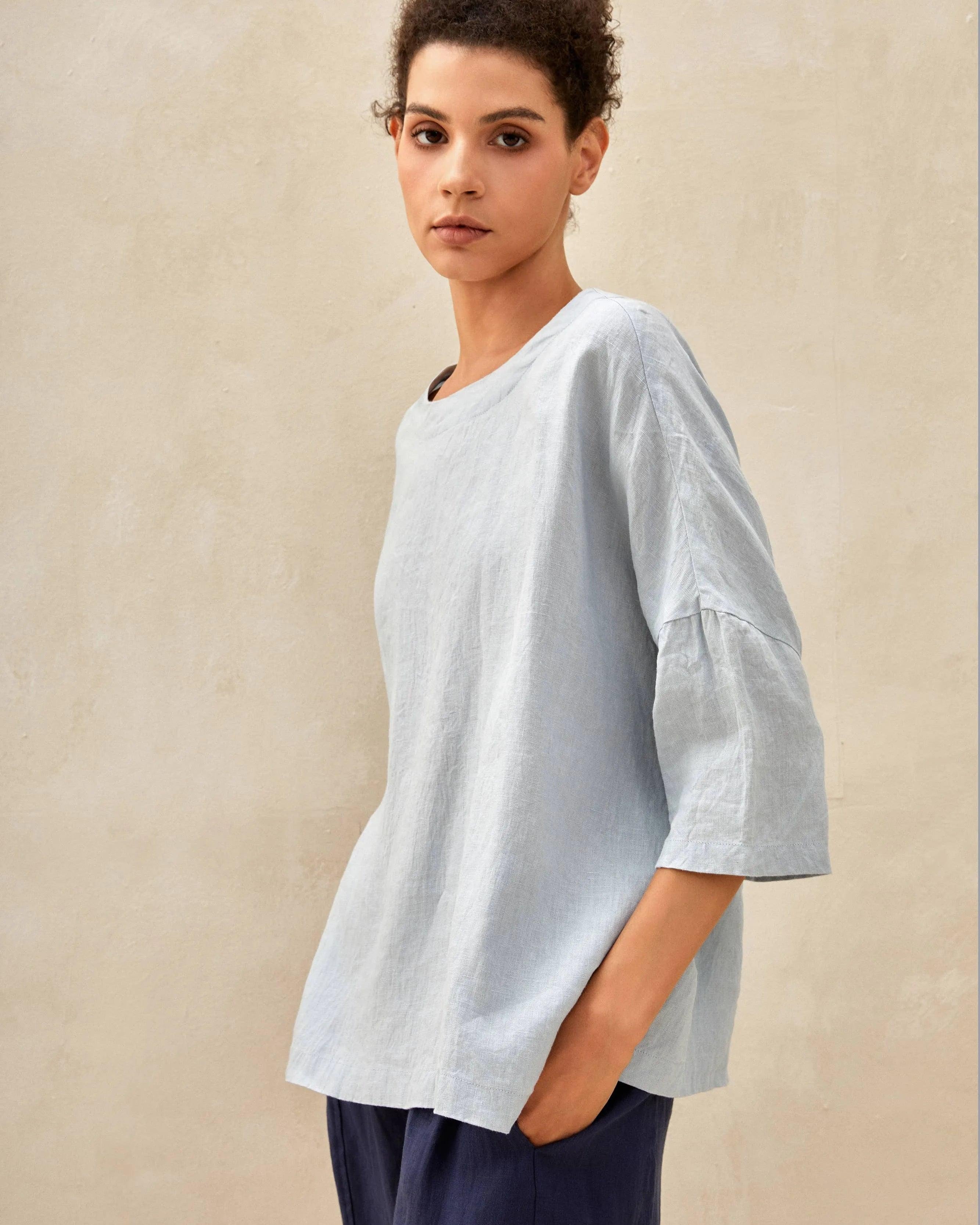100% Linen Gingham Checked Boatneck 3/4 Length Sleeve Top - TOPS-Linen Blouses