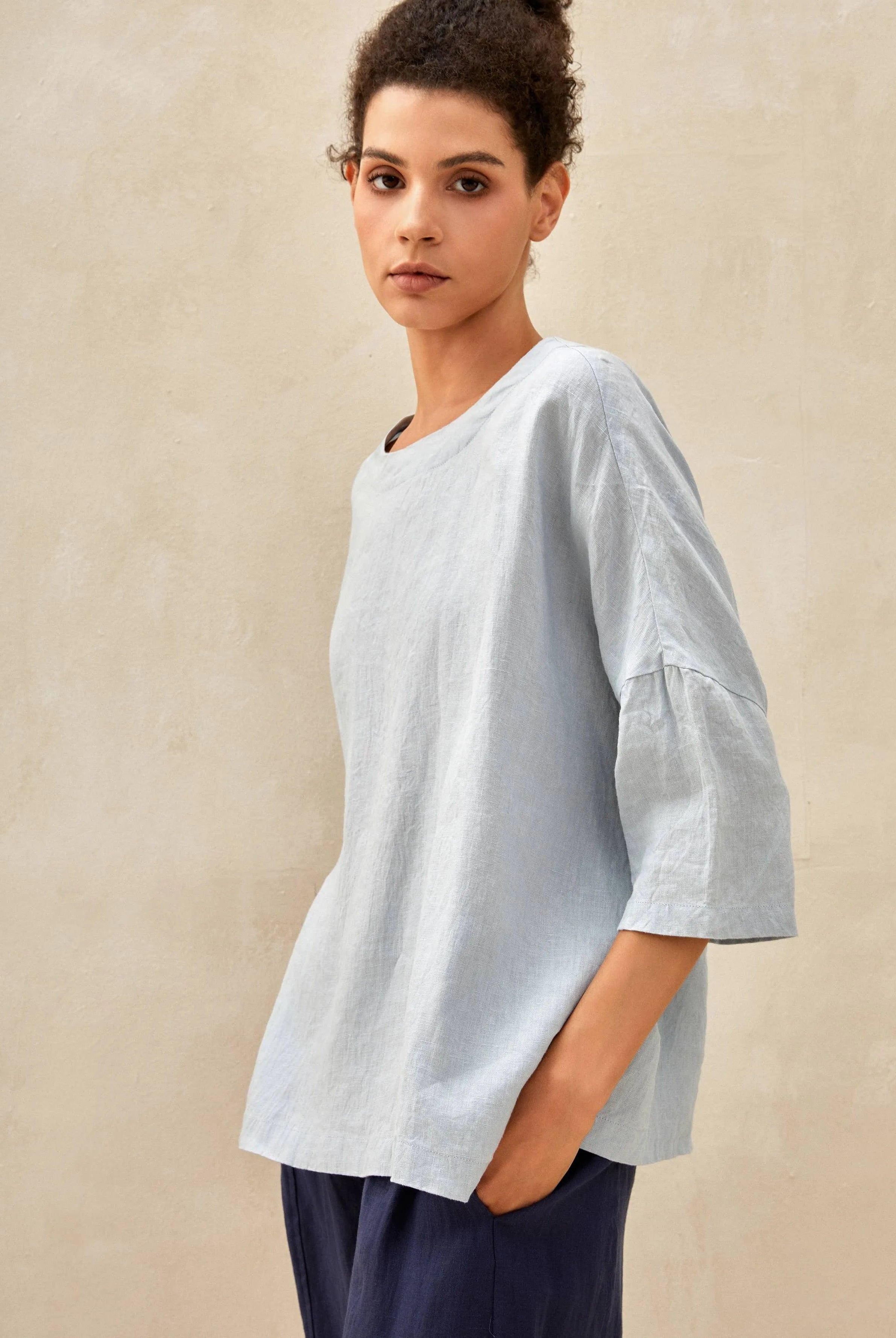 100% Linen Gingham Checked Boatneck 3/4 Length Sleeve Top - TOPS-Linen Blouses