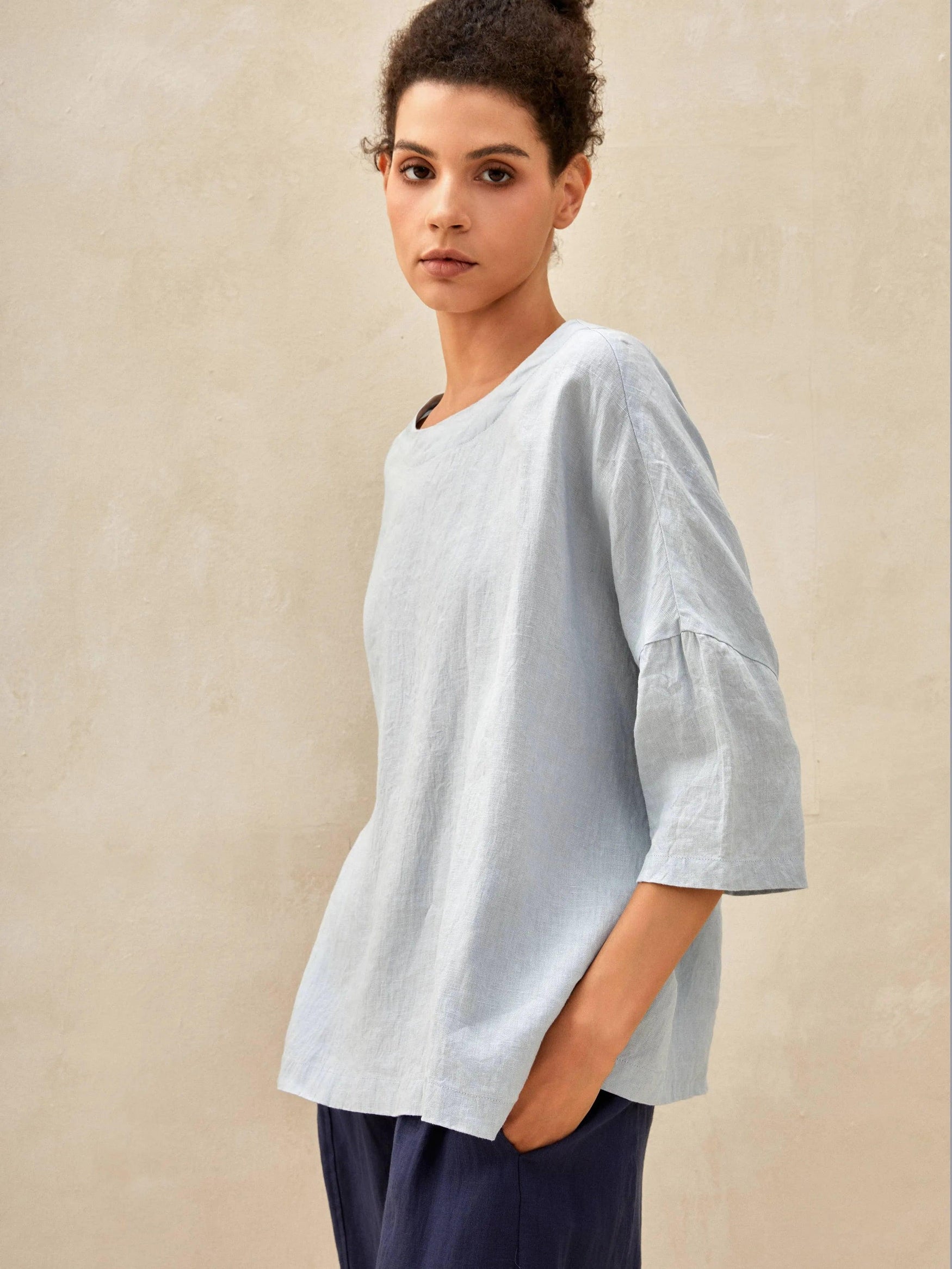 100% Linen Gingham Checked Boatneck 3/4 Length Sleeve Top - TOPS-Linen Blouses