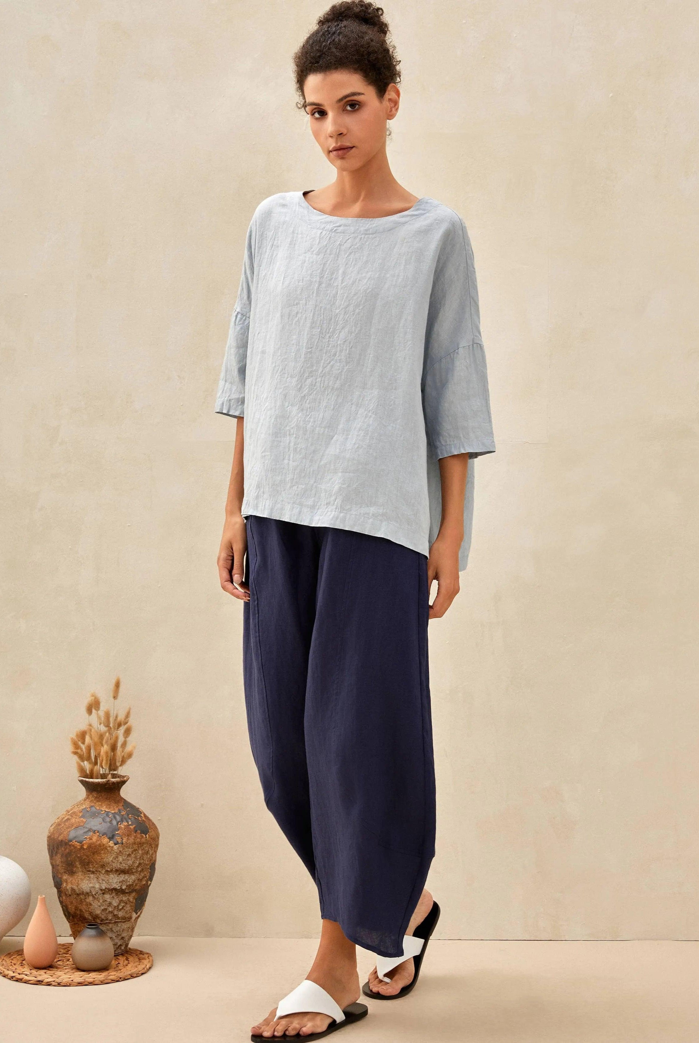 AURORA 100% Linen Boatneck 3/4 Length Sleeve Top - TOPS-Linen Blouses