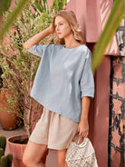 100% Linen Gingham Checked Boatneck 3/4 Length Sleeve Top - TOPS-Linen Blouses