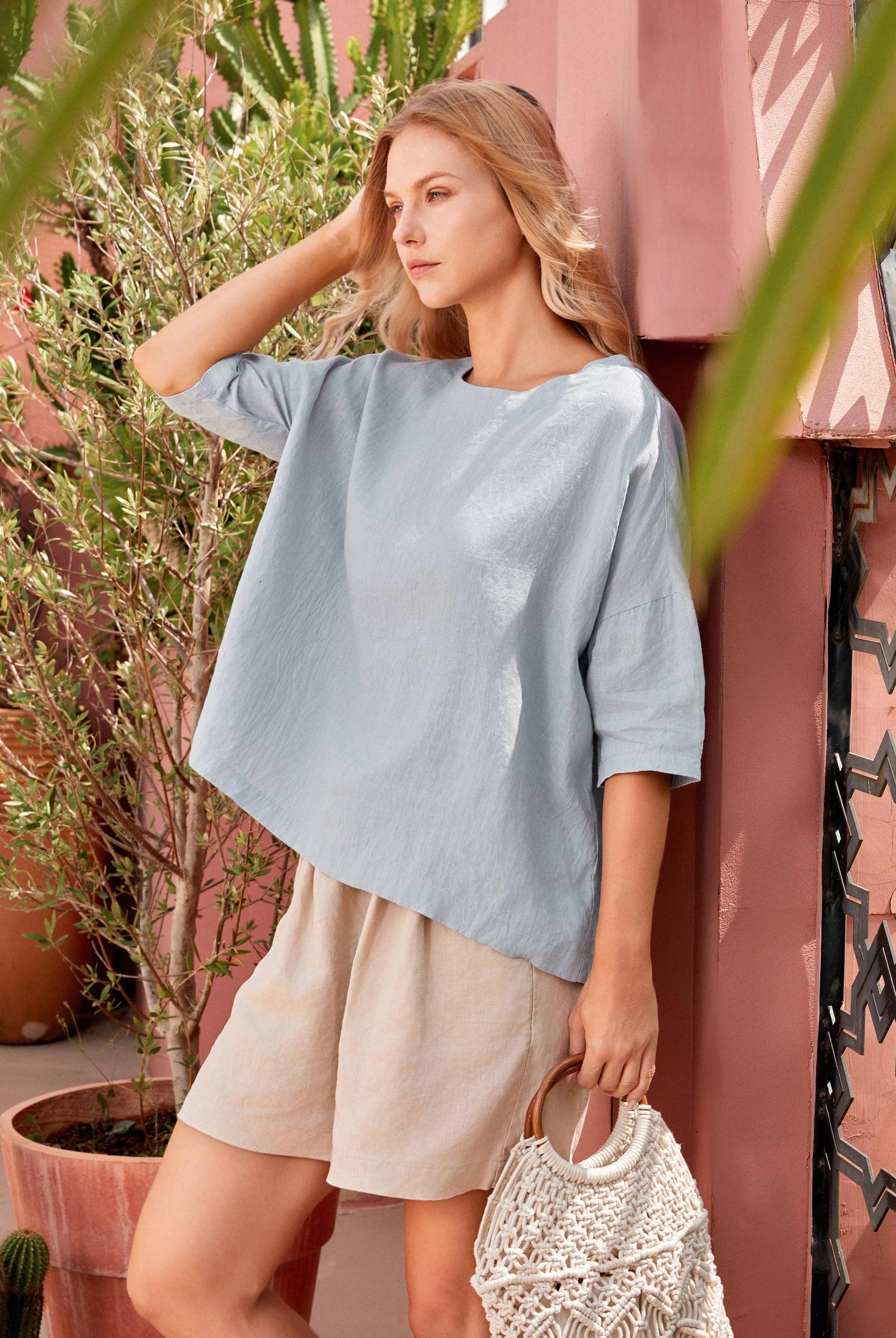 AURORA 100% Linen Boatneck 3/4 Length Sleeve Top - TOPS-Linen Blouses