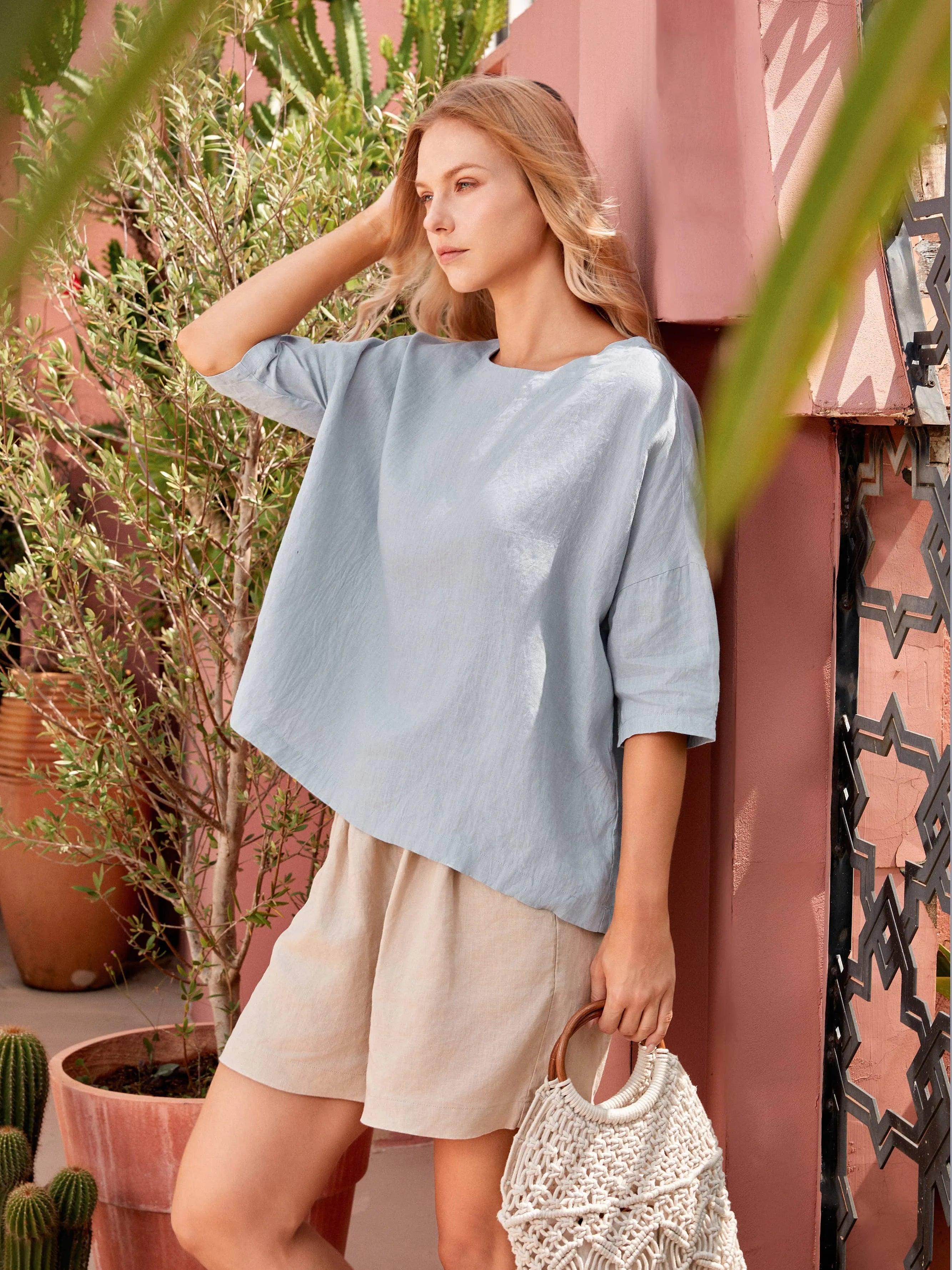 AURORA 100% Linen Boatneck 3/4 Length Sleeve Top - TOPS-Linen Blouses