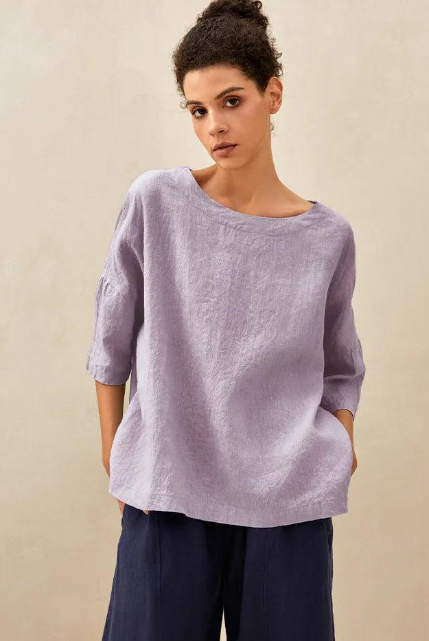 AURORA 100% Linen Boatneck 3/4 Length Sleeve Top - Lavender / S - TOPS-Linen Blouses