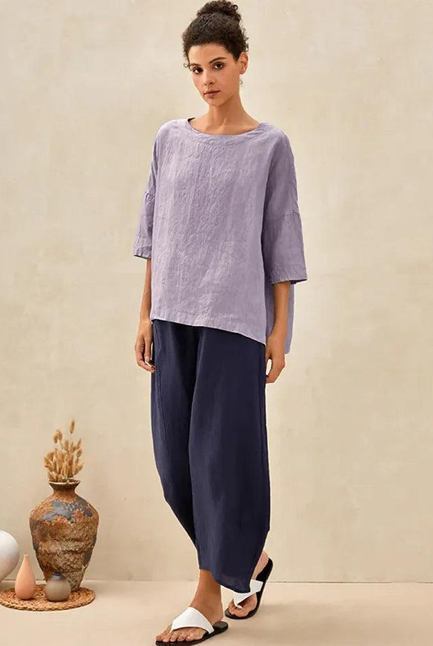 100% Linen Gingham Checked Boatneck 3/4 Length Sleeve Top - Lavender / S - TOPS-Linen Blouses