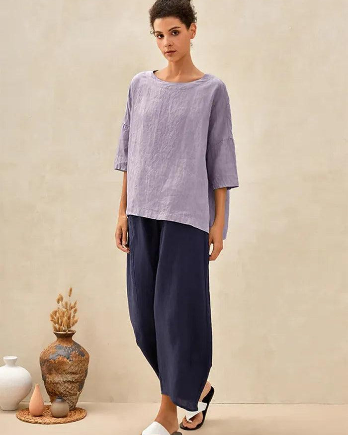AURORA 100% Linen Boatneck 3/4 Length Sleeve Top - TOPS-Linen Blouses