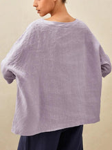 100% Linen Gingham Checked Boatneck 3/4 Length Sleeve Top - TOPS-Linen Blouses
