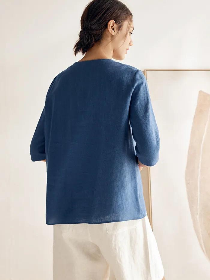 Linen Button-Down V-Neck Top MELANIE - TOPS-Linen Blouses