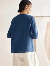 Linen Button-Down V-Neck Top MELANIE - TOPS-Linen Blouses