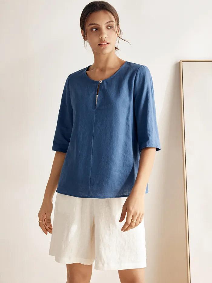 Linen Button-Down V-Neck Top MELANIE - TOPS-Linen Blouses