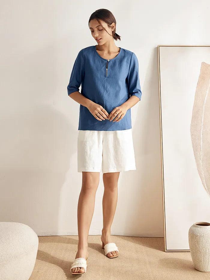 Linen Button-Down V-Neck Top MELANIE - TOPS-Linen Blouses