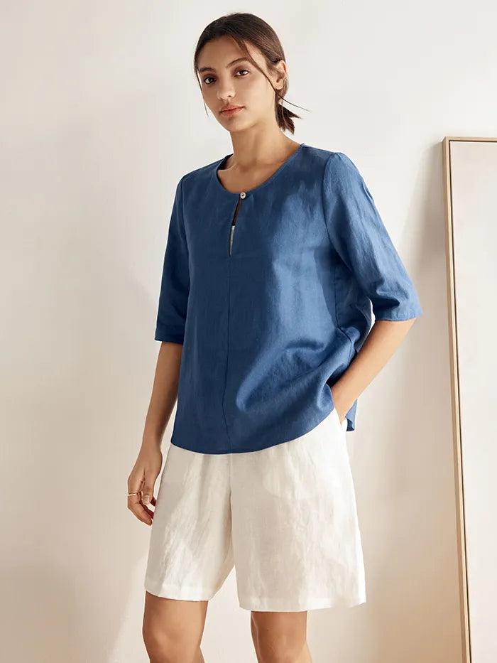 Linen Button-Down V-Neck Top MELANIE - TOPS-Linen Blouses