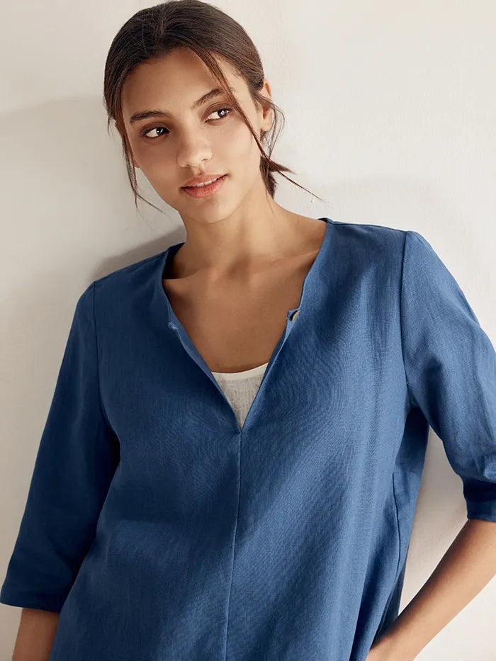 Linen Button-Down V-Neck Top MELANIE - TOPS-Linen Blouses